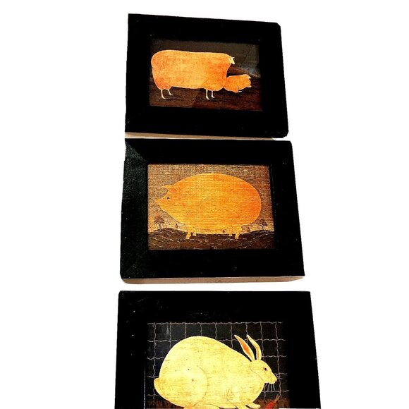 Set / 3 Warren Kimble Framed Folk Art Animal Print Country Style Kitchen Wall - Picture 3 of 6